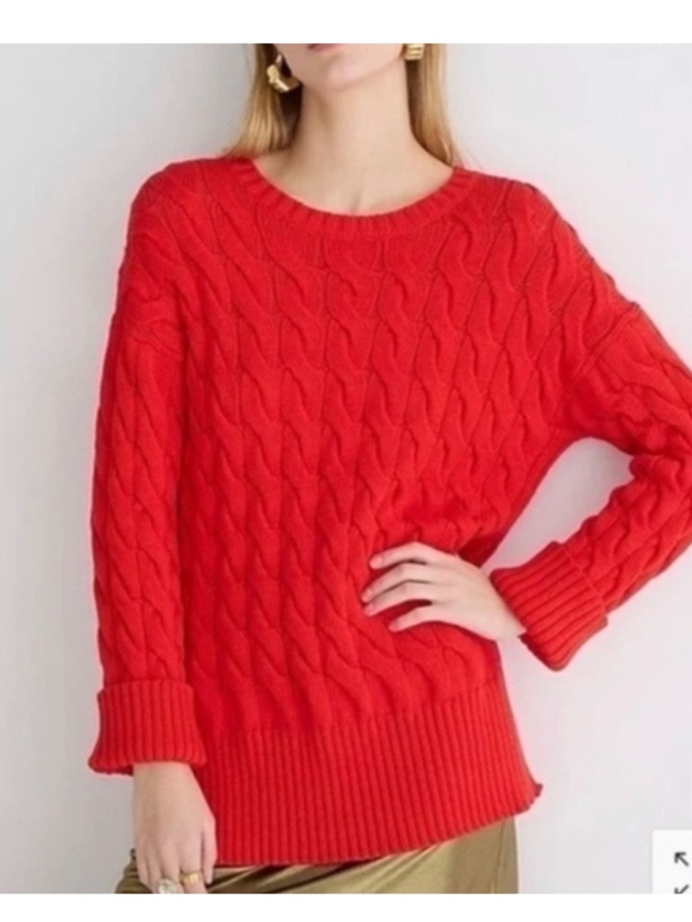 J. Crew Women's‎ Cotton Blend Cable Knit Side Slit Crewneck Sweater Size S/M Red